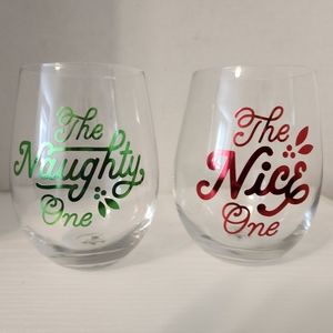 Stemless holiday "Naughty & Nice" wine glasses.